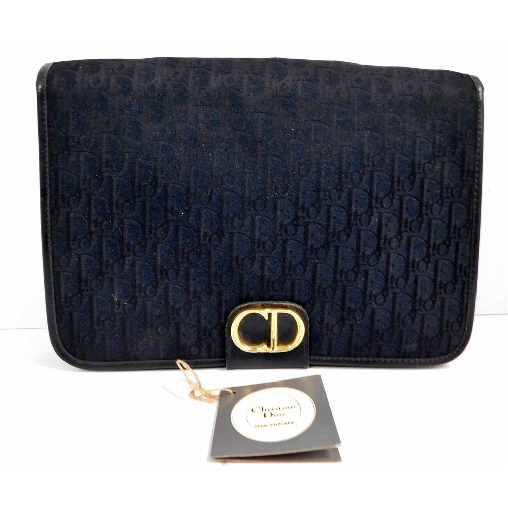 Christian Dior Vintage Black Logo Monogram Canvas Leather Clutch Bag France